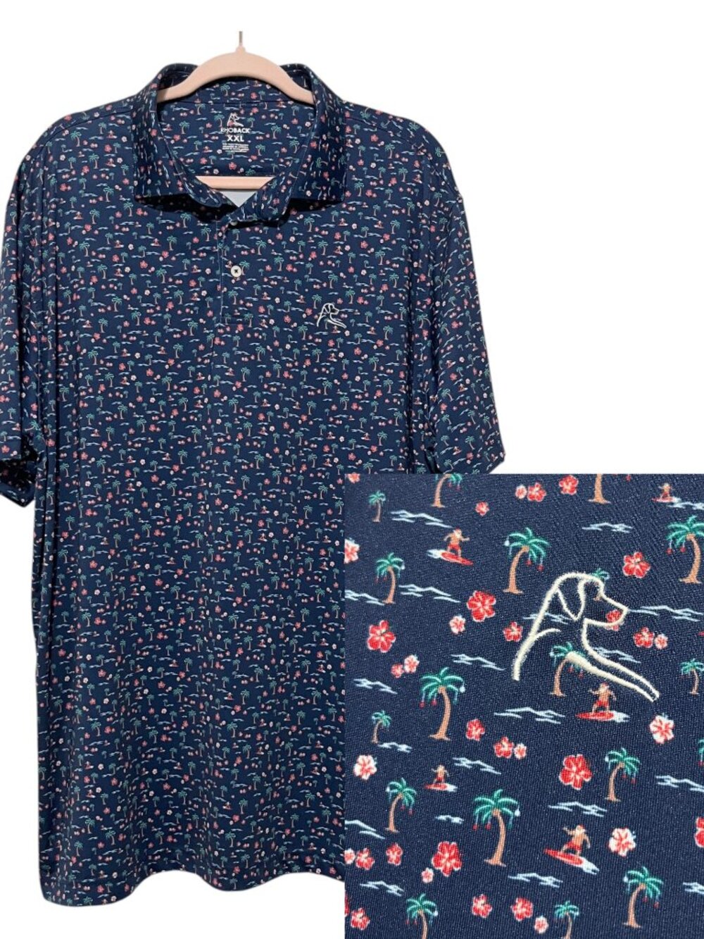 Rhoback Mens Mele Kalikimaka AOP Performance Polo XXL Surf Santa Tropical Golf